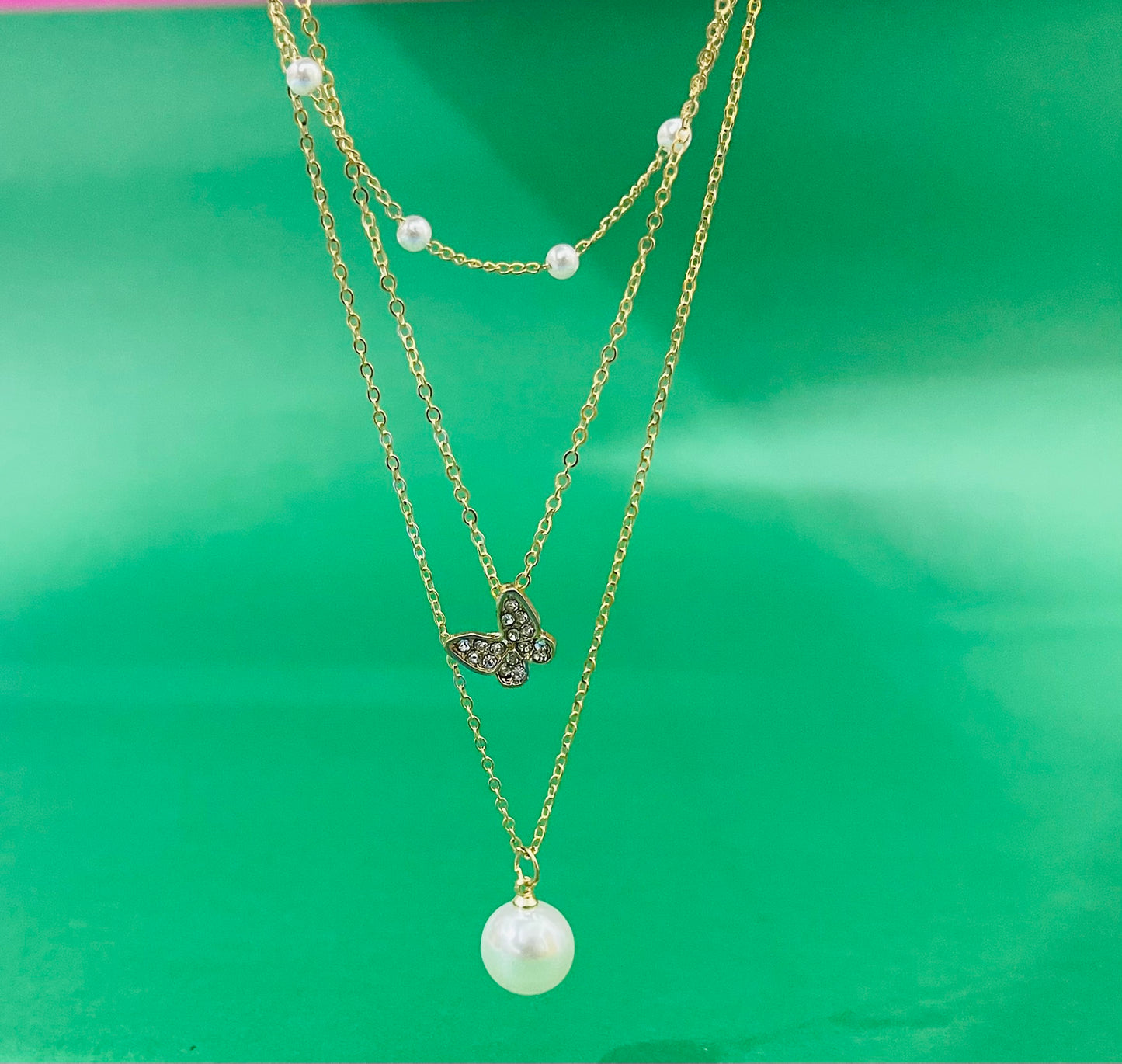 3 Layer Golden Pearl Chain Necklace