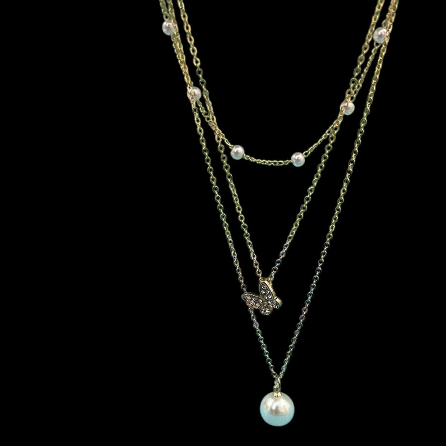 3 Layer Golden Pearl Chain Necklace